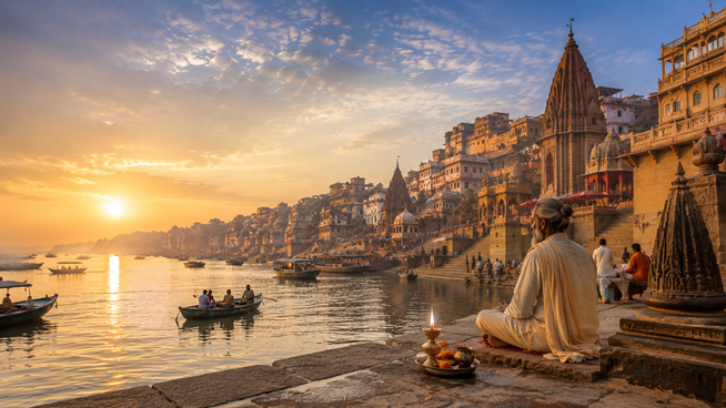 Blick über die Ghats und Tempel von Varanasi am Ganges mit Booten auf dem Fluss sowie einer meditierenden Person am Ufer als Sinnbild für Spiritualität, Kultur und das religiöse Leben in Indien.