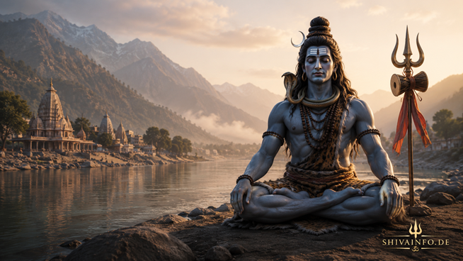 Lord Shiva in meditativer Haltung mit Hinweis auf ausführliche Informationen über Shiva und den Shivaismus auf der Webseite ShivaInfo.